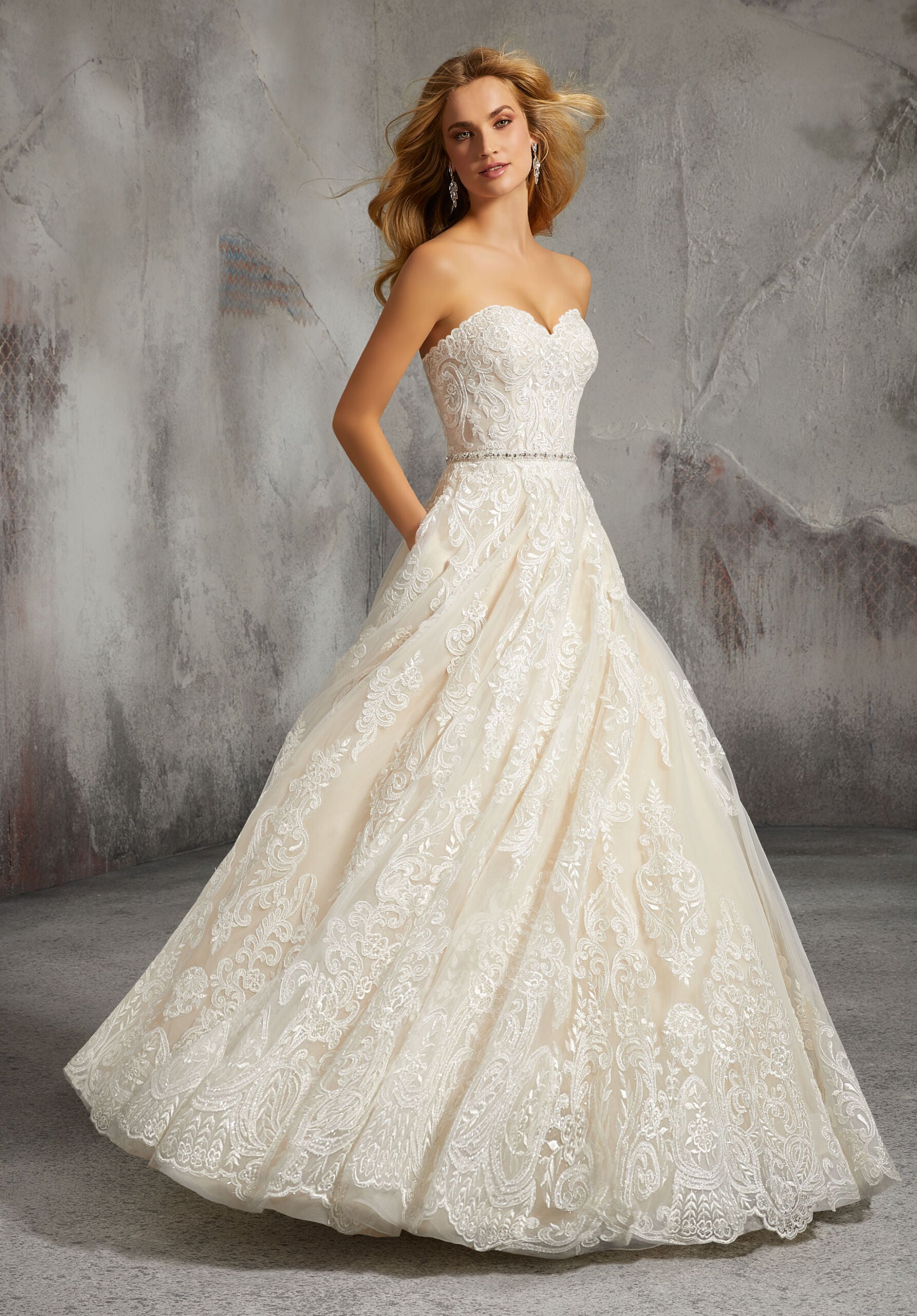 Wedding Dresses Long Lace A Line Wedding Bridal Gown MGNY Madeline Gardner New York 8273 Ivory/Vanilla
