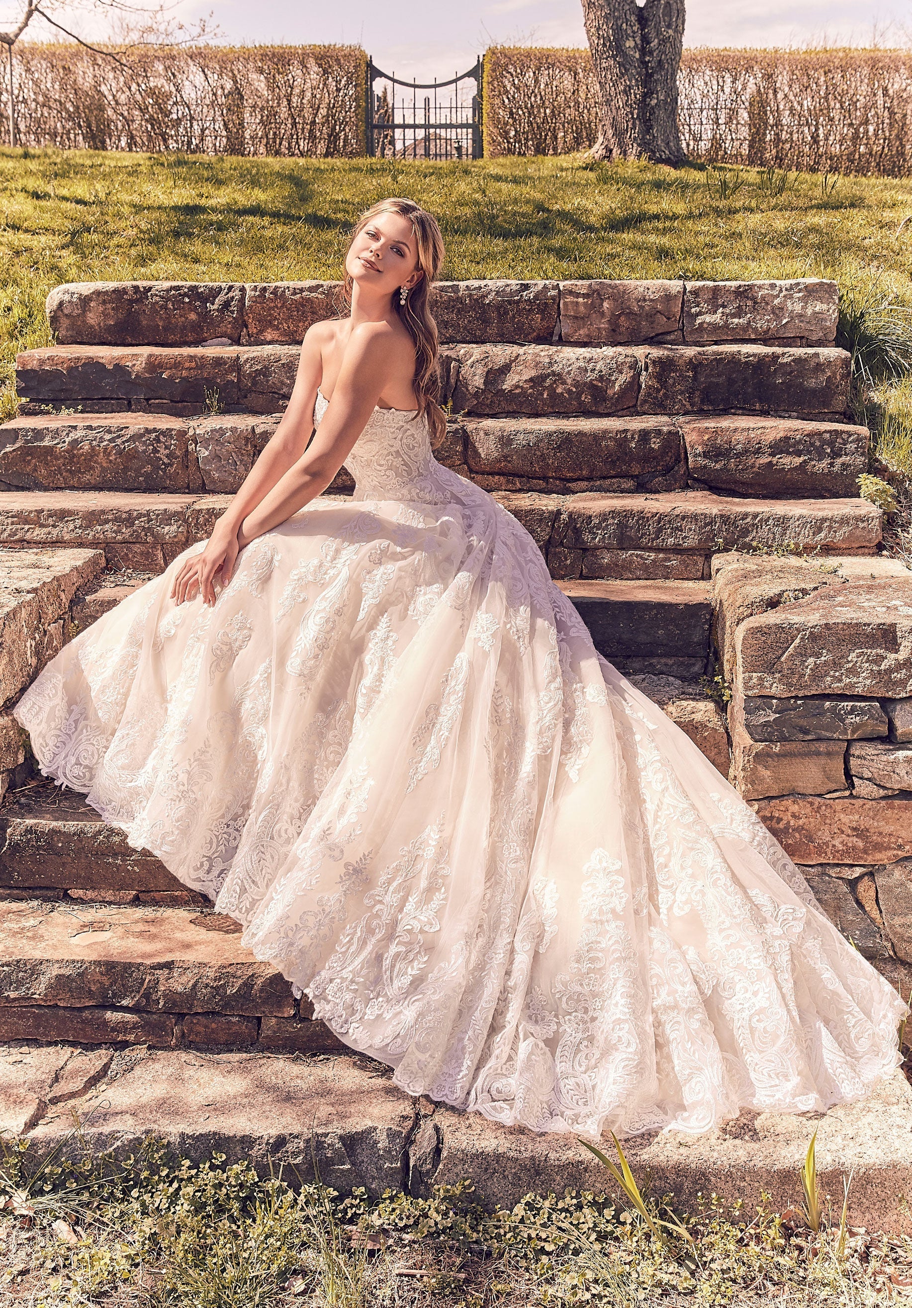 Wedding Dresses Long Lace A Line Wedding Bridal Gown MGNY Madeline Gardner New York 8273 Ivory/Vanilla