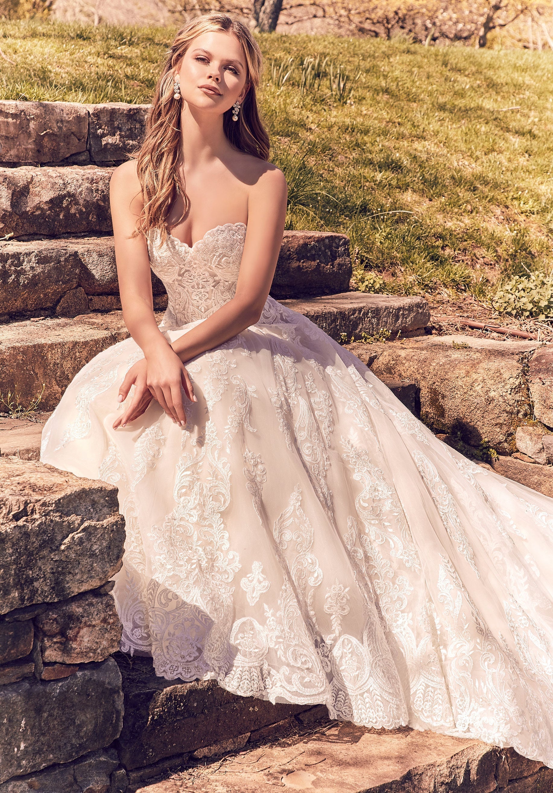 Wedding Dresses Long Lace A Line Wedding Bridal Gown MGNY Madeline Gardner New York 8273 Ivory/Vanilla