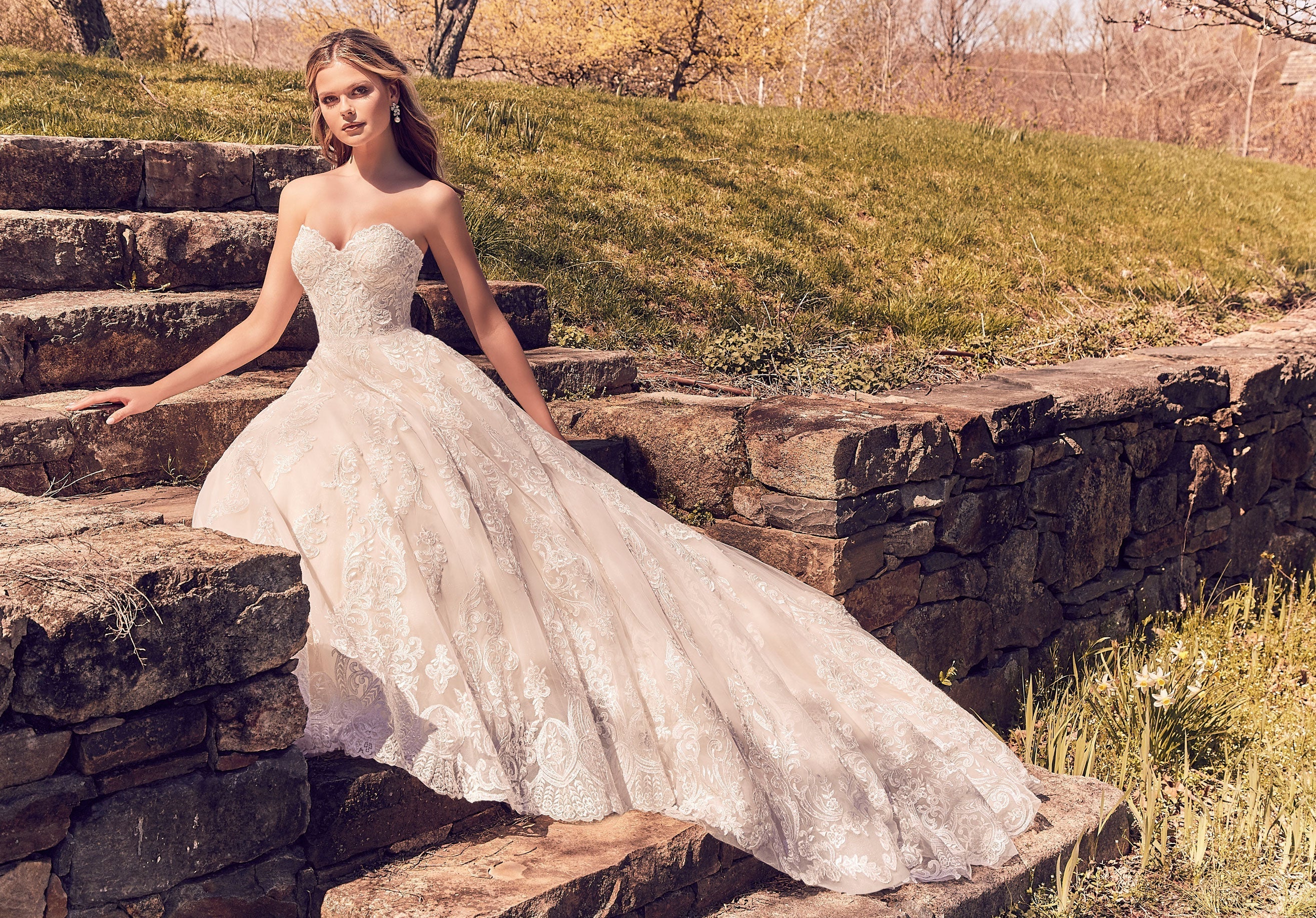 Wedding Dresses Long Lace A Line Wedding Bridal Gown MGNY Madeline Gardner New York 8273 Ivory/Vanilla