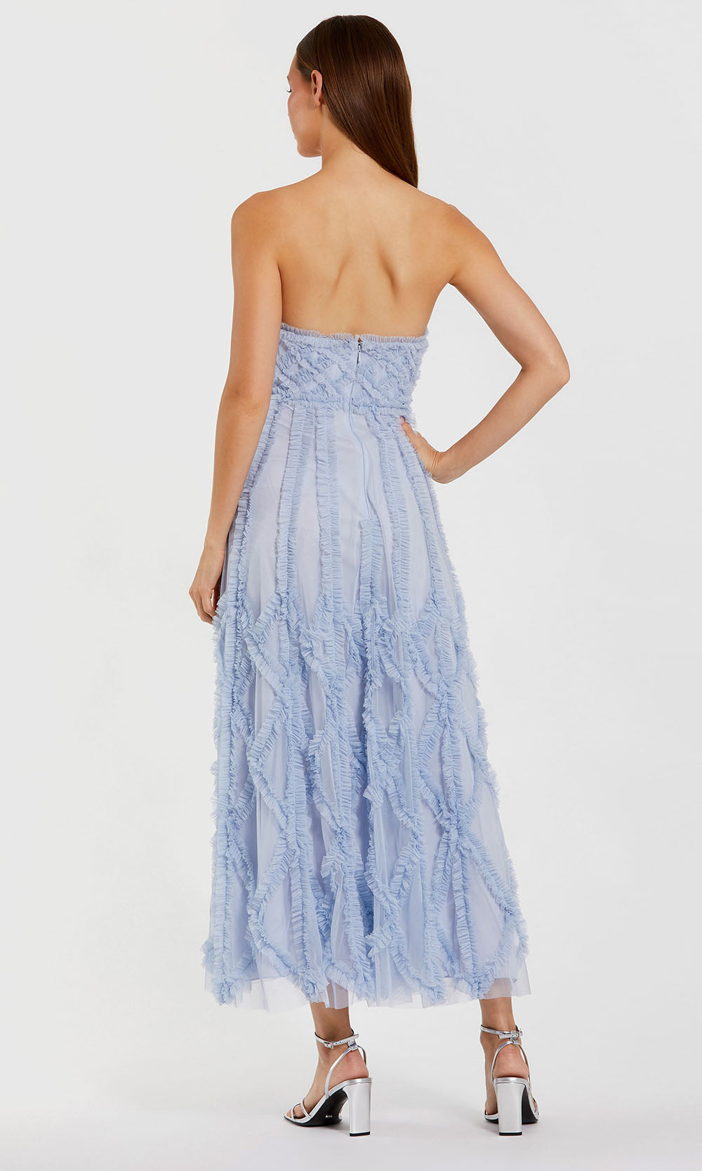 Periwinkle Strapless Midi Tulle Cocktail Dress with Ruffled Diamond Detail Mac Duggal 8277