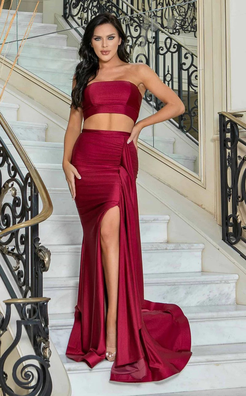 Crop Top Fitted Two Piece Prom Dresses Red Jessica Angel 828 Long Two Piece Fitted Prom Dress Prom