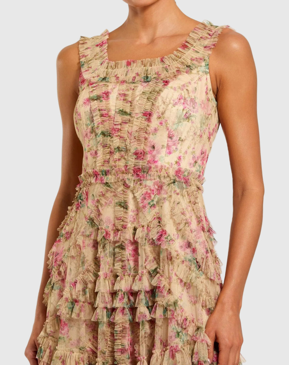 Cocktail Dresses Floral Print Midi Ruffle Short Cocktail Dress Mac Duggal 8293 Beige Multi