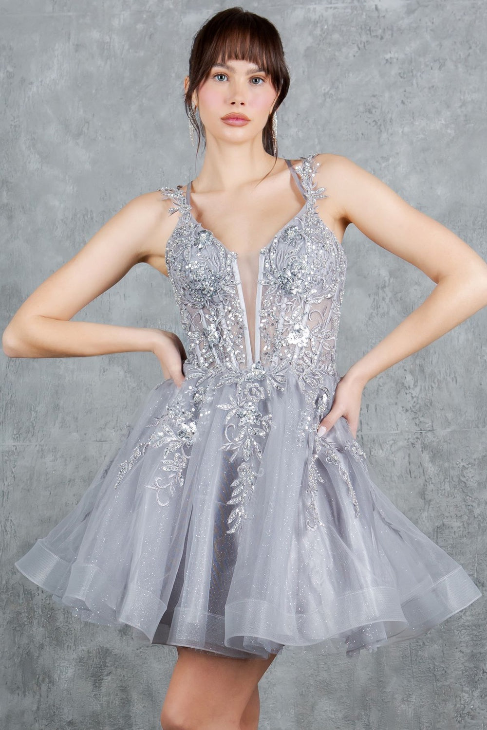 Cocktail Dresses Floral Lace Applique Short A Line Cocktail Dress Cinderella Couture 8298J Silver