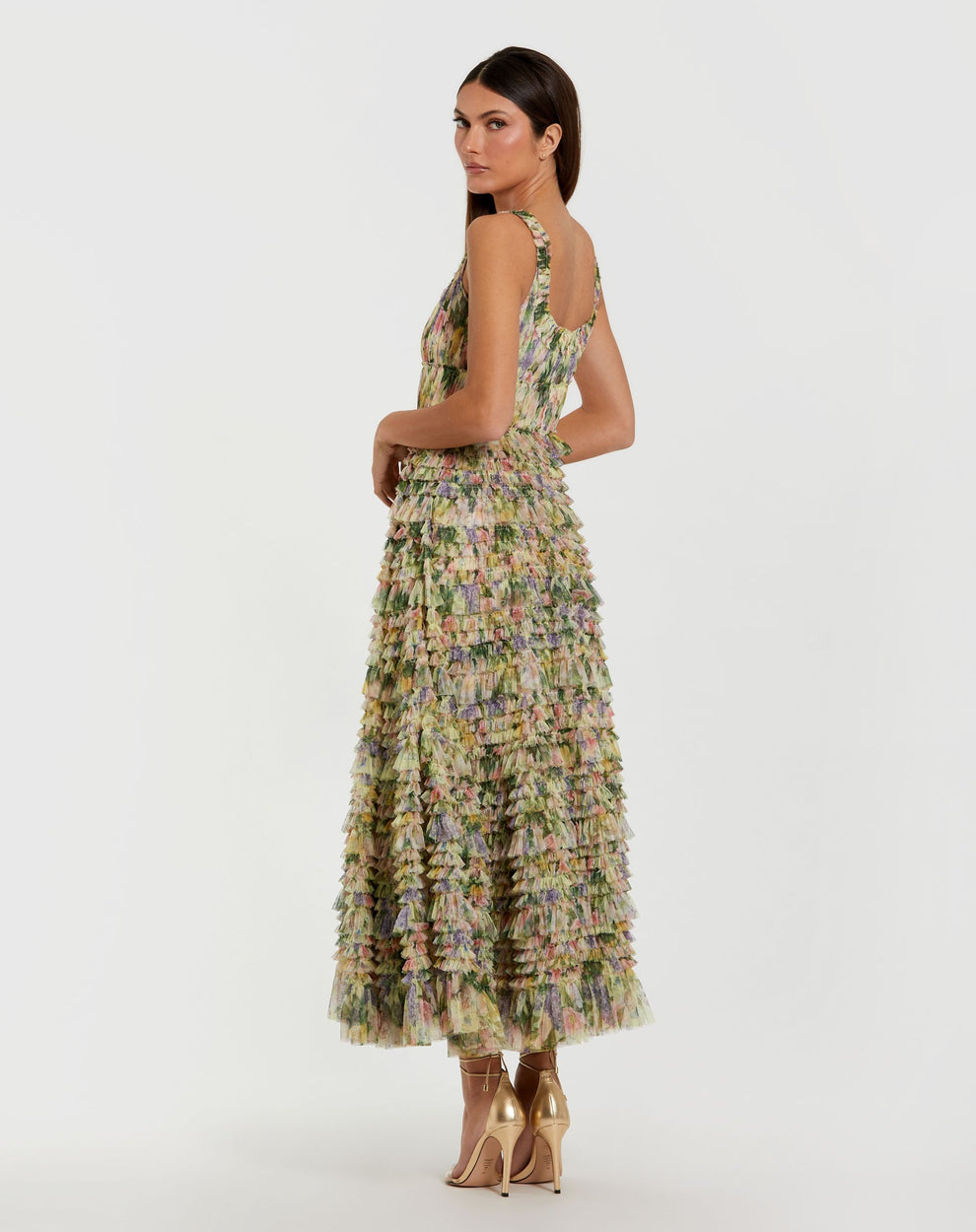 Cocktail Dresses Print Tea Length Ruffle Short Cocktail Dress Mac Duggal 8299 Yellow Multi
