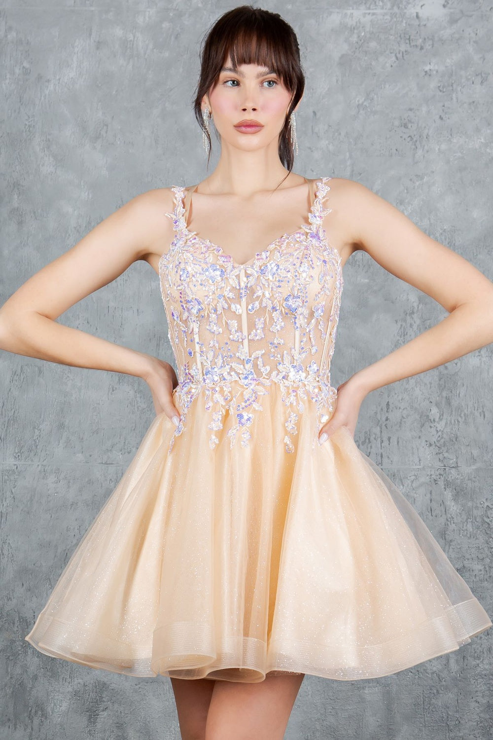 Cocktail Dresses A Line Floral Applique Short Homecoming Dress Cinderella Couture 8305J Champagne