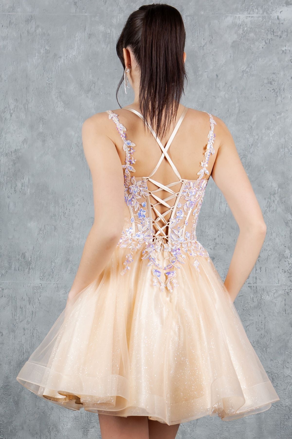 Cocktail Dresses A Line Floral Applique Short Homecoming Dress Cinderella Couture 8305J Champagne