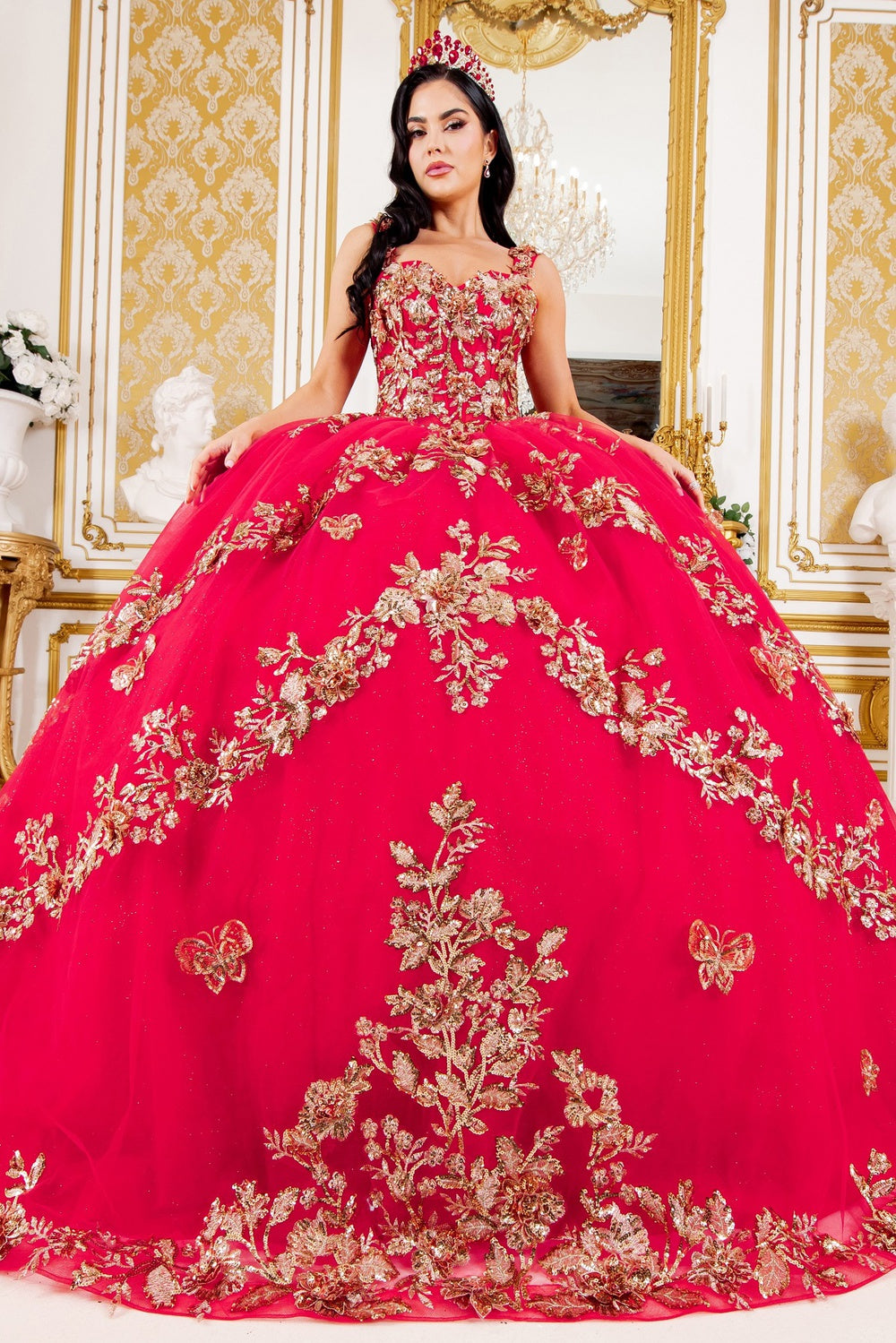 Quinceniera Dresses Long Ball Gown Lace Applique Quinceanera Dress Red/Gold