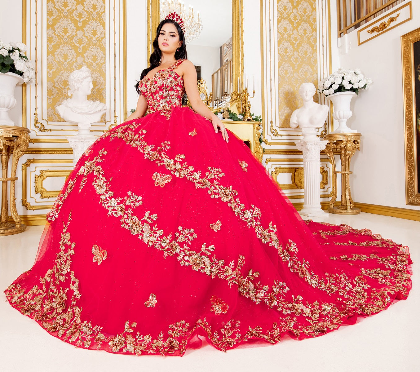 Quinceniera Dresses Long Ball Gown Lace Applique Quinceanera Dress Red/Gold