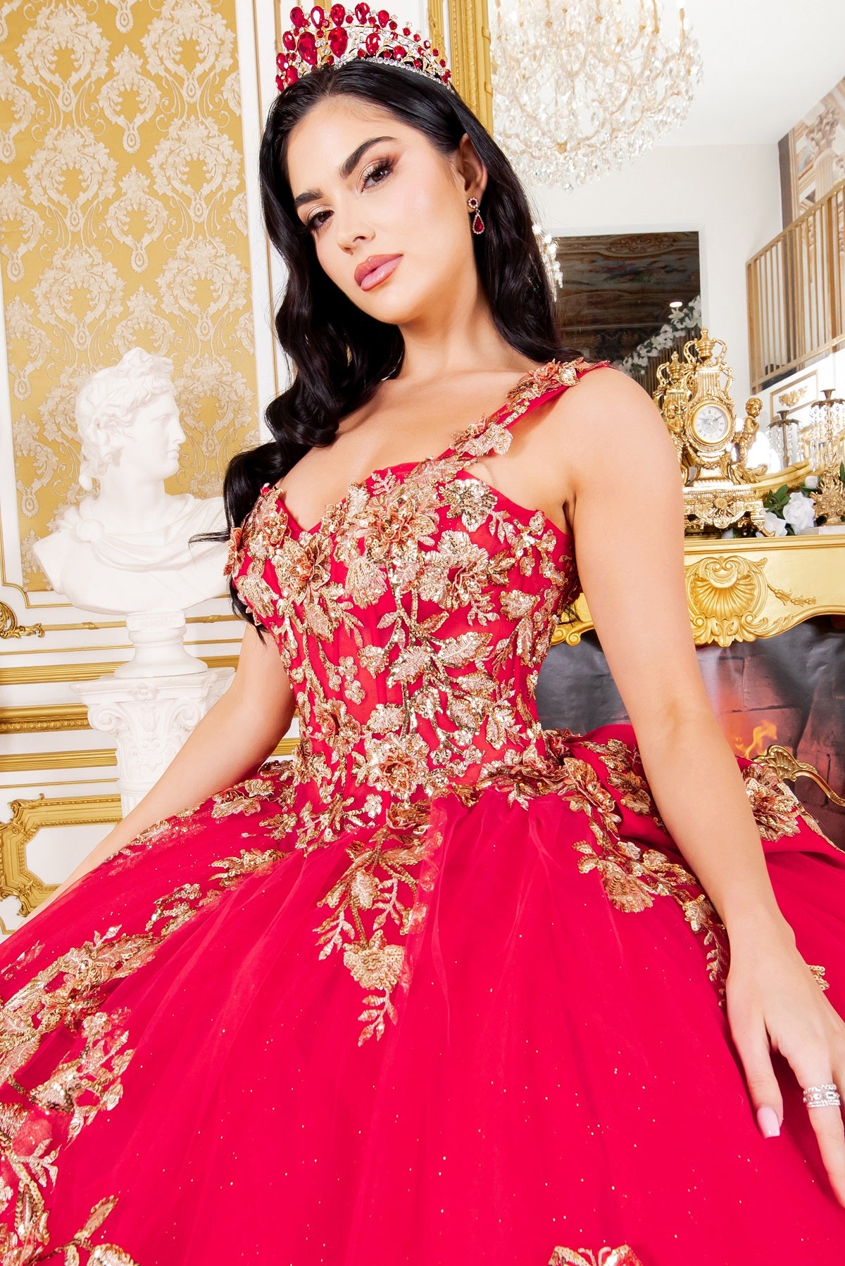 Quinceniera Dresses Long Ball Gown Lace Applique Quinceanera Dress Red/Gold