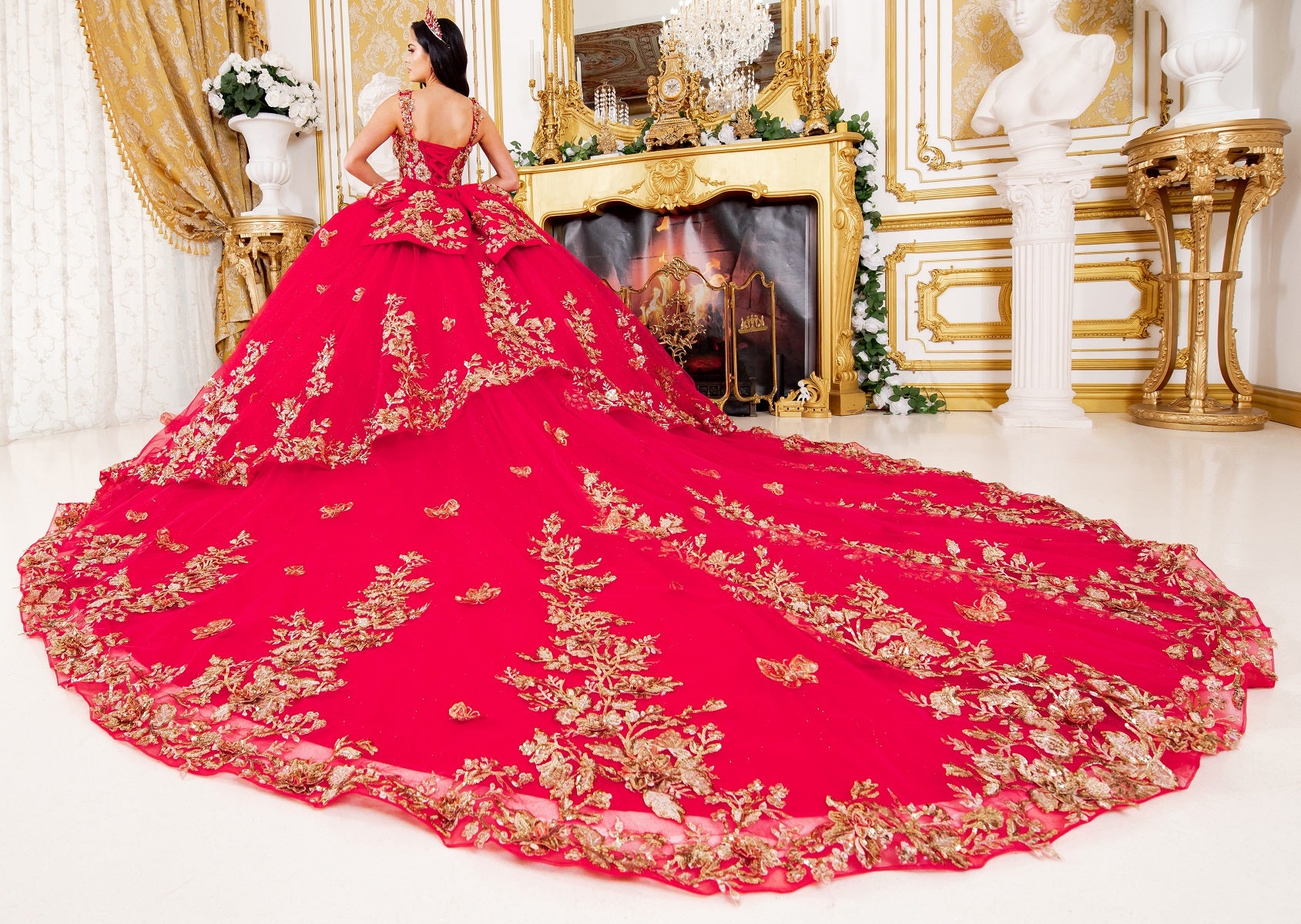 Quinceniera Dresses Long Ball Gown Lace Applique Quinceanera Dress Red/Gold