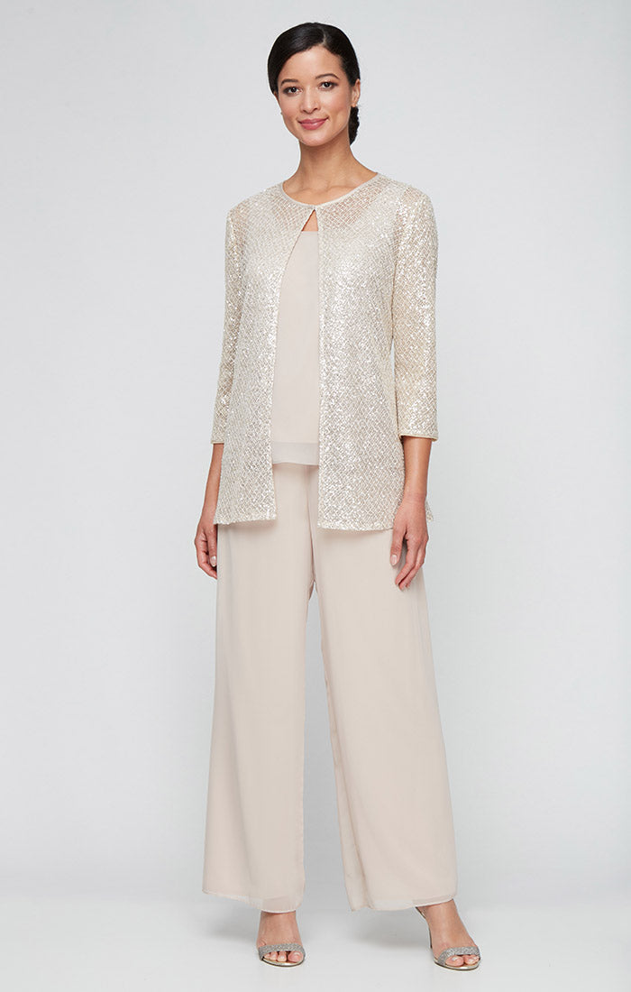 Taupe Scoop-Neck Full-Length Sequin Crochet and Chiffon Evening Twinset with 3/4 Sleeves Plus Size Alex Evenings 8415002