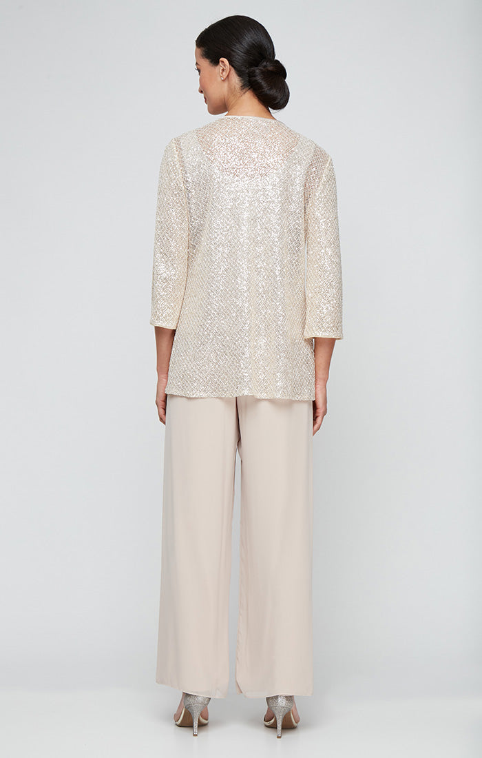 Taupe Scoop-Neck Full-Length Sequin Crochet and Chiffon Evening Twinset with 3/4 Sleeves Plus Size Alex Evenings 8415002