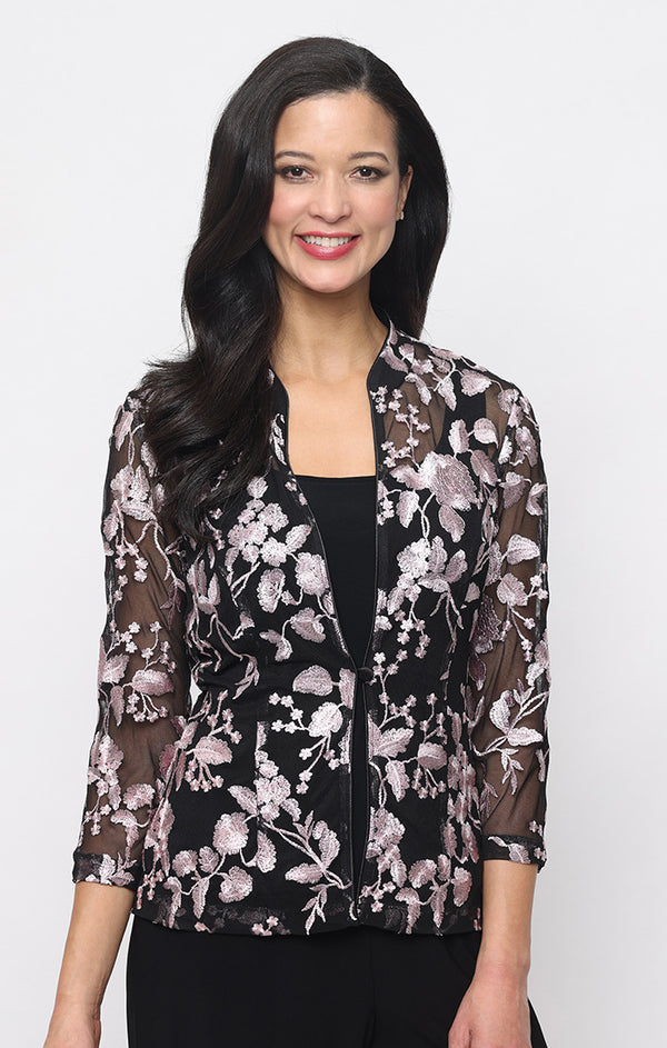 Black Shell Pnk Scoop Neck Hip-Length Embroidered Mesh Formal Top Jacket Alex Evenings 82171973