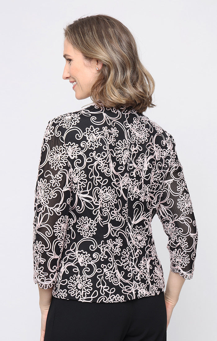Top Scalloped V-Neck Waist-Length Lace Formal Top Embroidered Jacket Alex Evenings 8317458 Black Shell Pink
