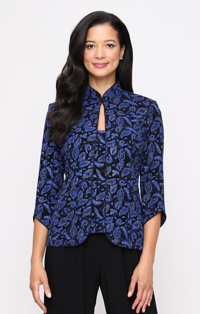 Black Royal Mandarin Neck Hip-Length Glitter Knit Formal Jacket Twinset Petite Alex Evenings 82211641