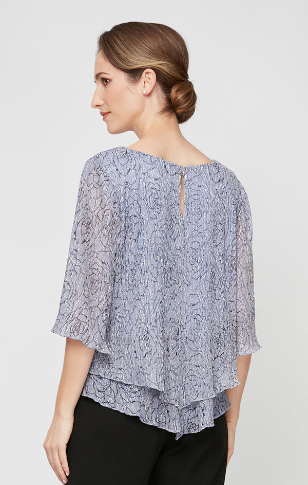 Lavender Bateau Neck Hip-Length Floral Glitter Knit Evening Top with and Bell Sleeves Alex Evenings 8327731