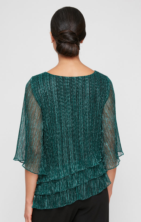 Black/Green Scoop Neck Hip Length Crinkle Formal Ruffle Top Alex Evenings 8327817