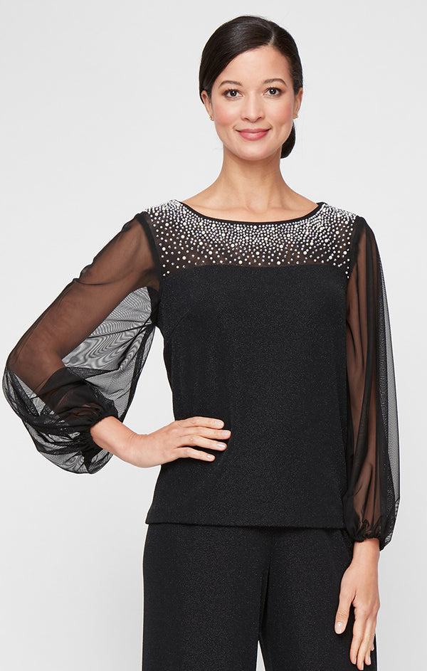 Black Boat Neck Hip Length Knit Formal Top Pearl Alex Evenings 8227838