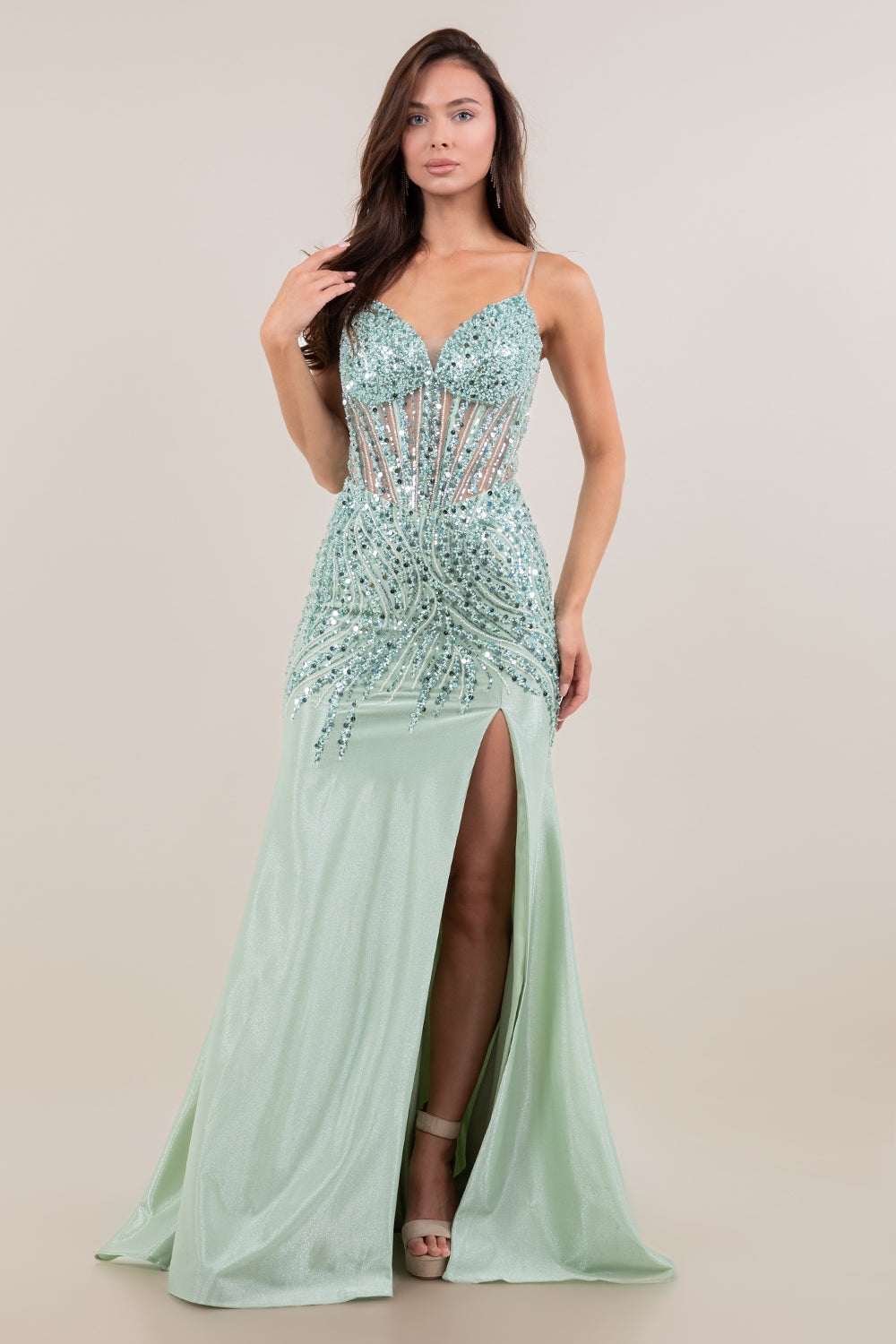 Prom Dresses Long Formal Sequin Slit Evening Prom Dress Cinderella Couture 8329J Sage