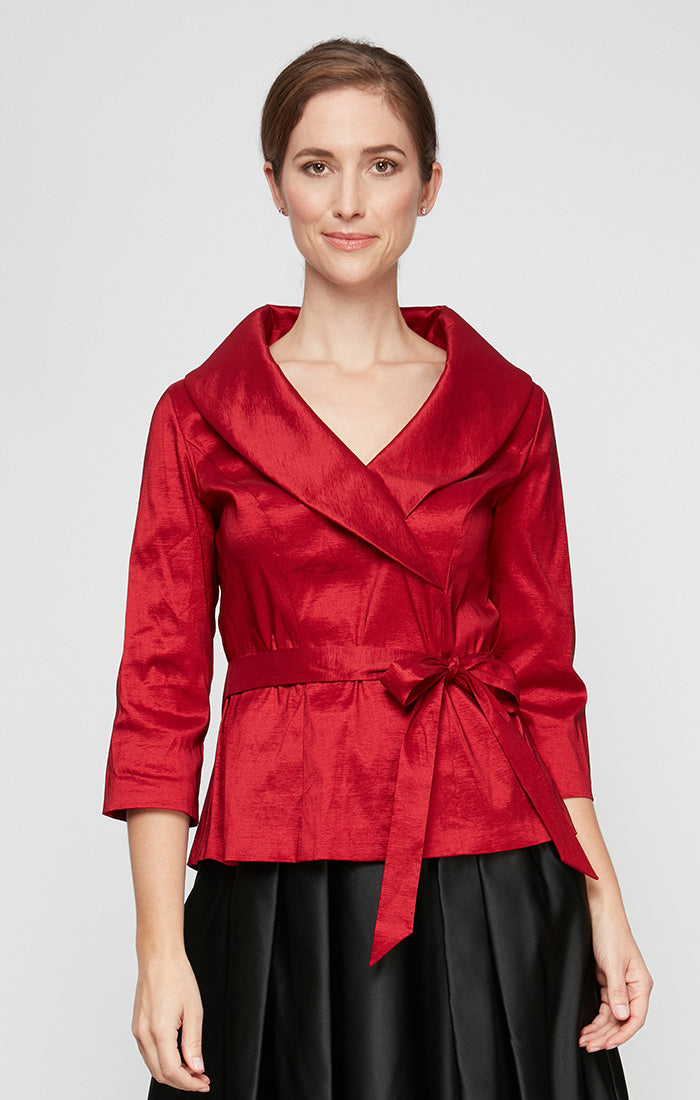 Top Shawl Collar Waist-Length Taffeta Formal Top Wrap Jacket Alex Evenings 8366625 Red
