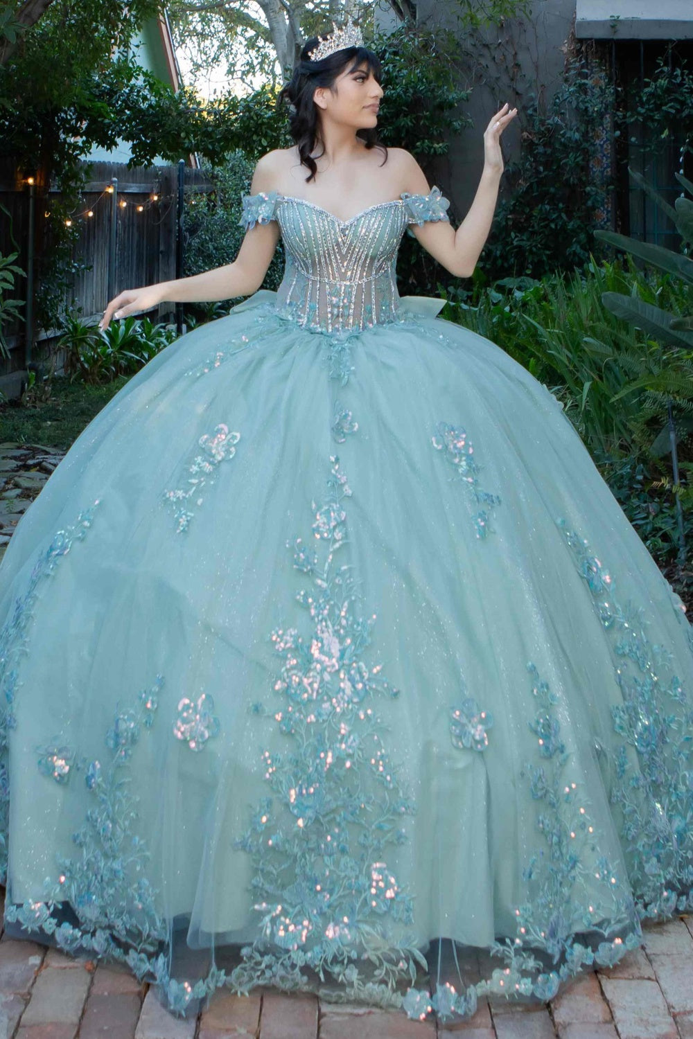 Quinceniera Dresses Ball Gown Sequin Floral Applique Quinceanera Dress Cinderella Couture 8370J Sage