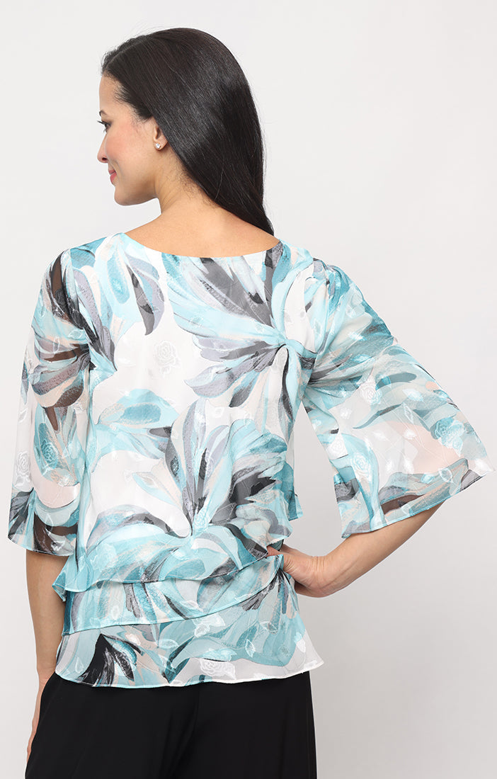 Ivory Multi Notched Neck Hip-Length Chiffon Top Tiered Cold-Shoulder Blouse Alex Evenings 83751000