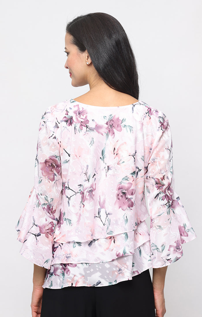 Blush Multi Bateau Neck Hip-Length Chiffon Semi-Formal Tiered Bell Sleeve Blouse Alex Evenings 83751014