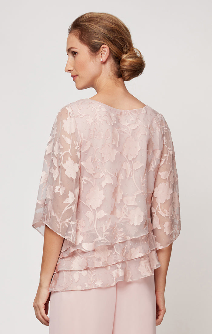 Shell Pink Scoop-Neck Full-Length Floral Chiffon Evening Top with Layered Tier Hem Petite Alex Evenings 8275812