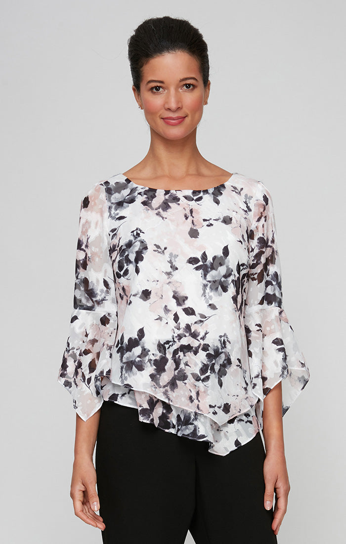 Ivory/Pink Scoop-Neck Waist-Length Floral Chiffon Evening Top with Layered Asymmetrical Hem Plus Size Alex Evenings 8475930