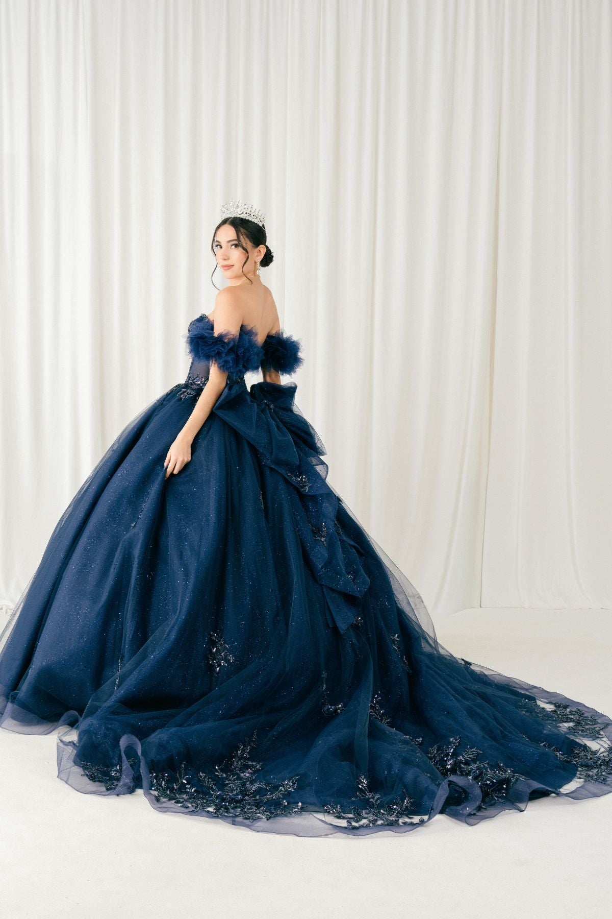 Quinceniera Dresses Long Glitter Corset Quinceanera Dress Cinderella Couture 8380J Navy
