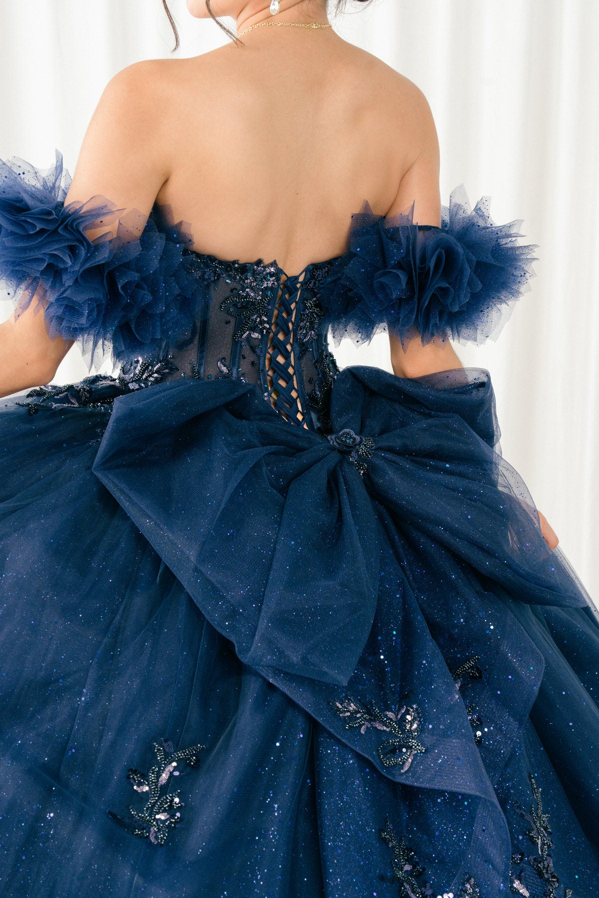 Quinceniera Dresses Long Glitter Corset Quinceanera Dress Cinderella Couture 8380J Navy