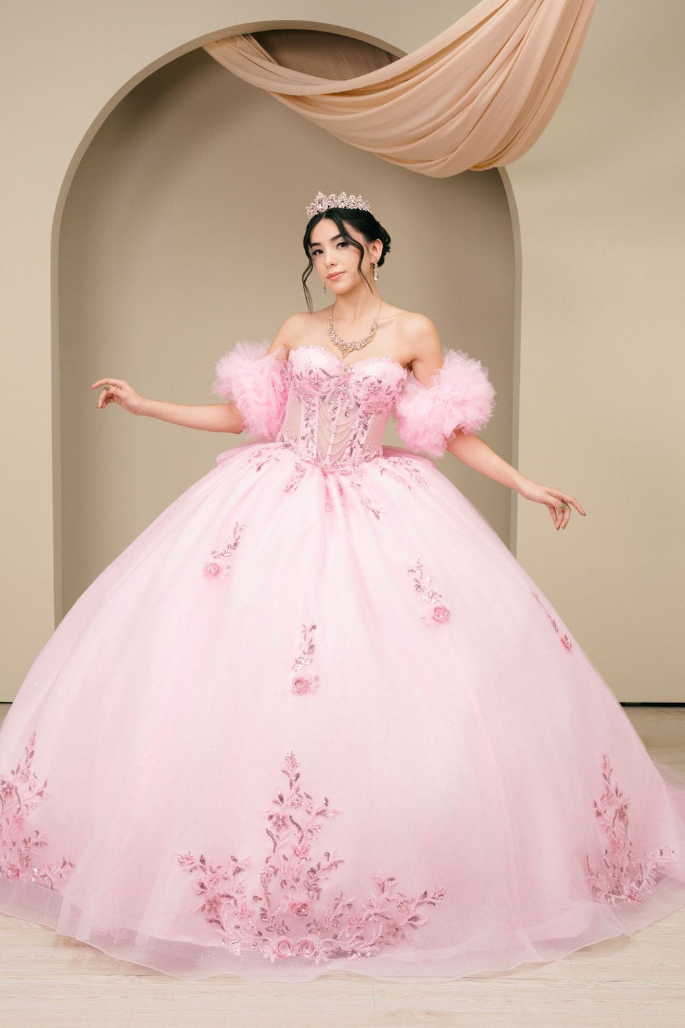 Quinceniera Dresses Long Glitter Corset Quinceanera Dress Cinderella Couture 8380J Pink