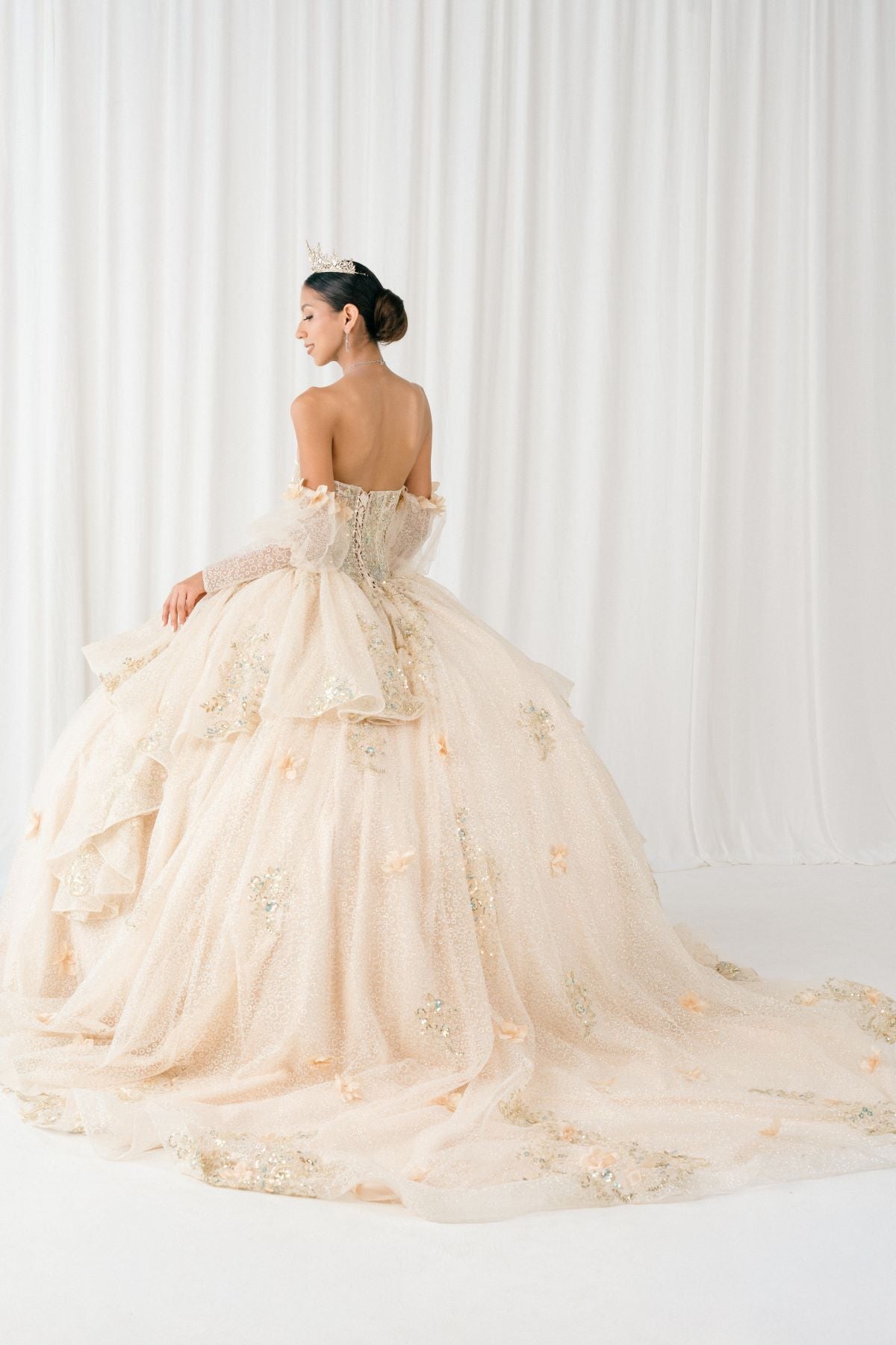 Quinceniera Dresses Beaded Long Sequin Ball Gown Quinceanera Dress Cinderella Couture 8385J Champagne