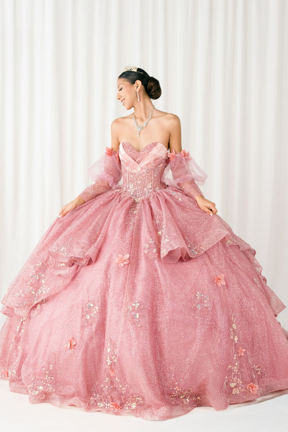 Quinceniera Dresses Beaded Long Sequin Ball Gown Quinceanera Dress Cinderella Couture 8385J Dusty Rose