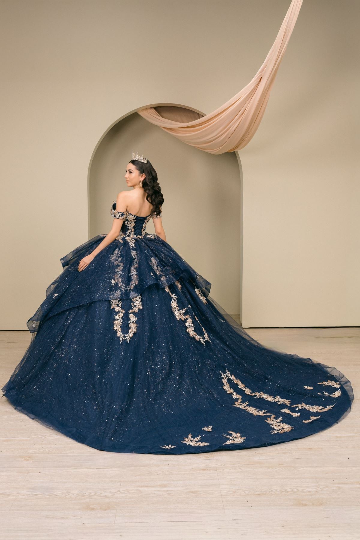 Quinceniera Dresses Long Glitter Ruffle Lace Applique Quinceanera Dress Cinderella Couture 8390JQ Navy