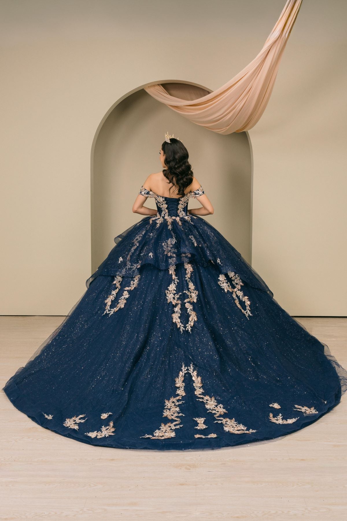 Quinceniera Dresses Long Glitter Ruffle Lace Applique Quinceanera Dress Cinderella Couture 8390JQ Navy