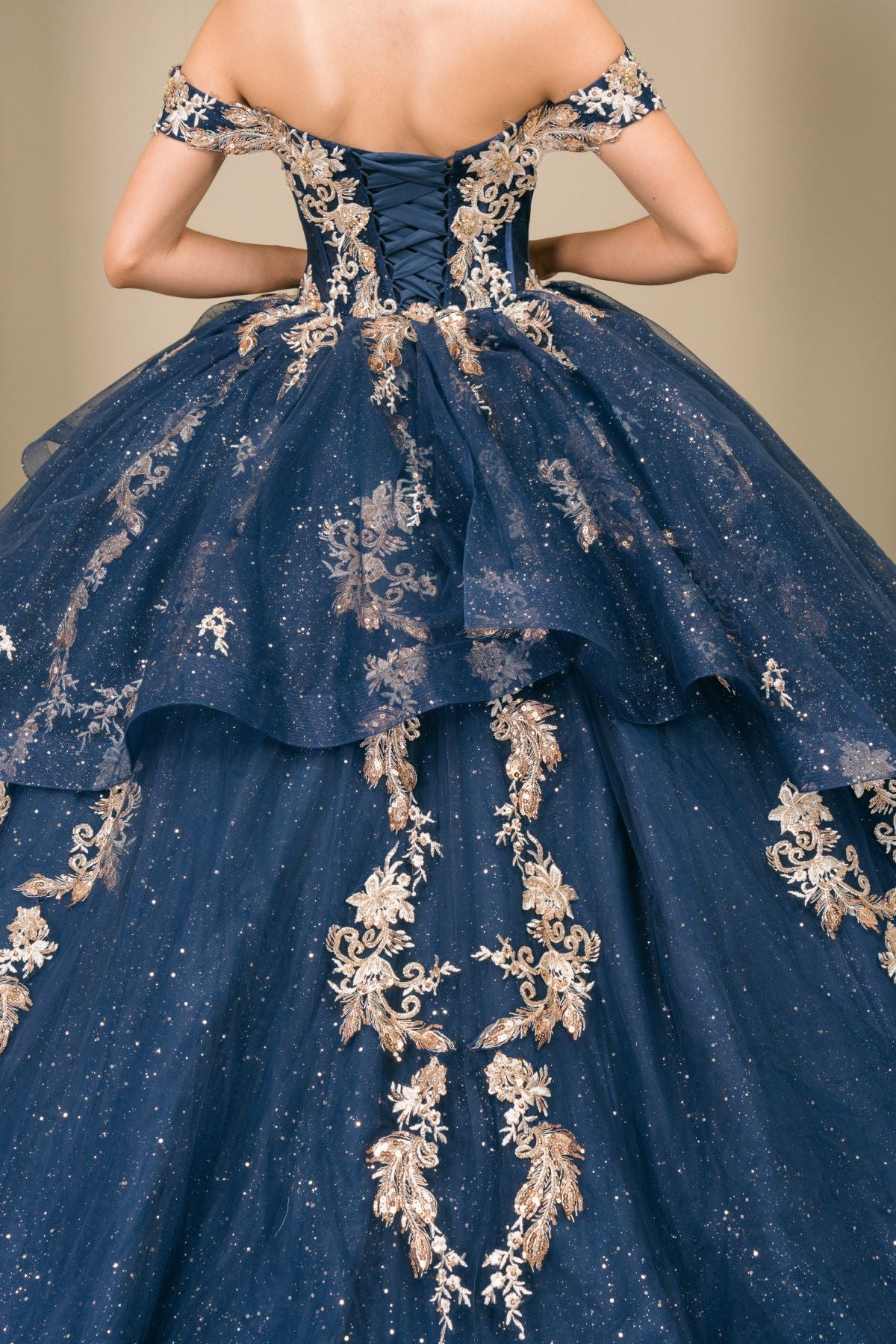 Quinceniera Dresses Long Glitter Ruffle Lace Applique Quinceanera Dress Cinderella Couture 8390JQ Navy