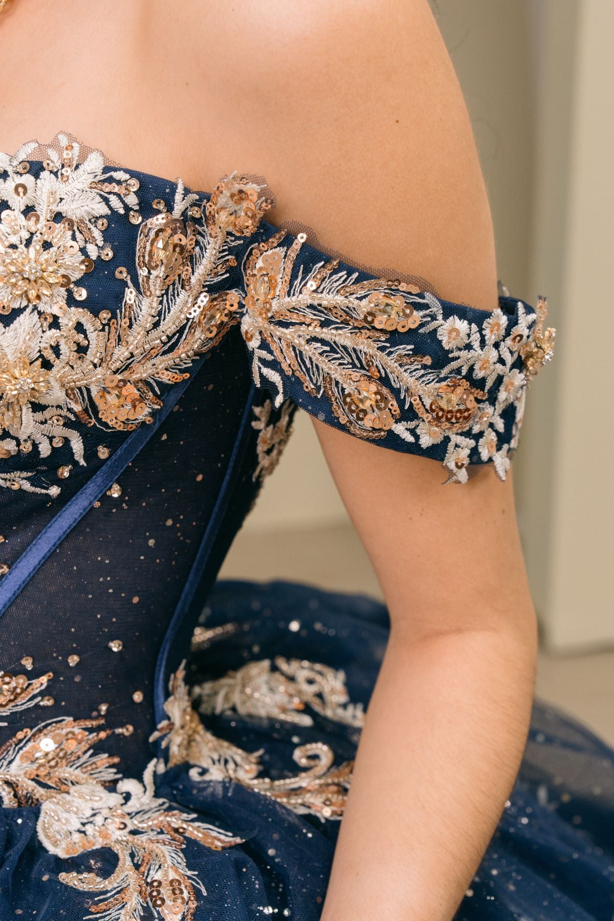 Quinceniera Dresses Long Glitter Ruffle Lace Applique Quinceanera Dress Cinderella Couture 8390JQ Navy