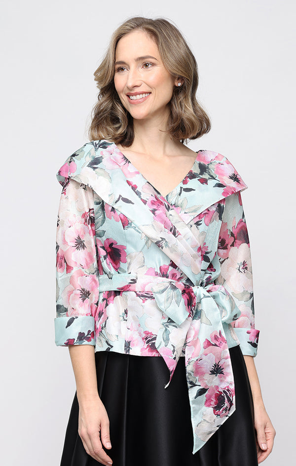 Mint Multi Portrait Collar Short Yoryu Fabric Wedding Guest Blouse with Tie Waist Alex Evenings 8392032