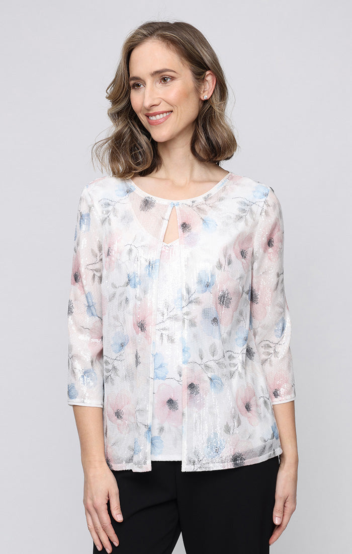 Ivory Multi Crew-Neck Floral Hip Length Chiffon Formal Top with Keyhole Detail Plus Size Alex Evenings 84961034