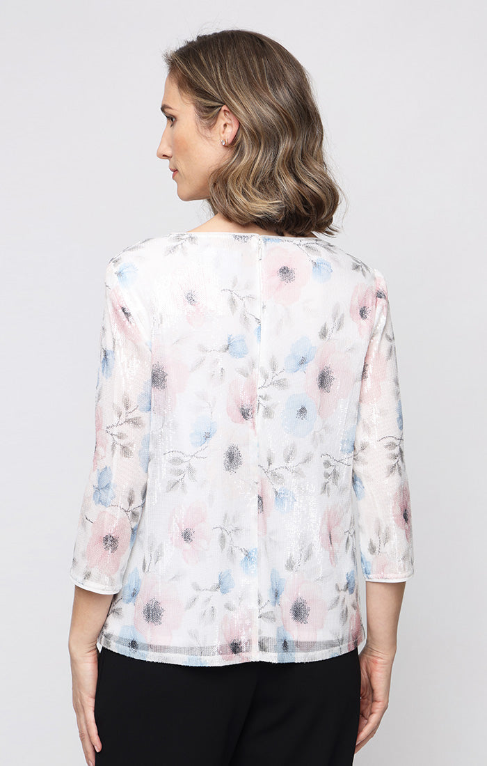 Ivory Multi Crew-Neck Floral Hip Length Chiffon Formal Top with Keyhole Detail Plus Size Alex Evenings 84961034