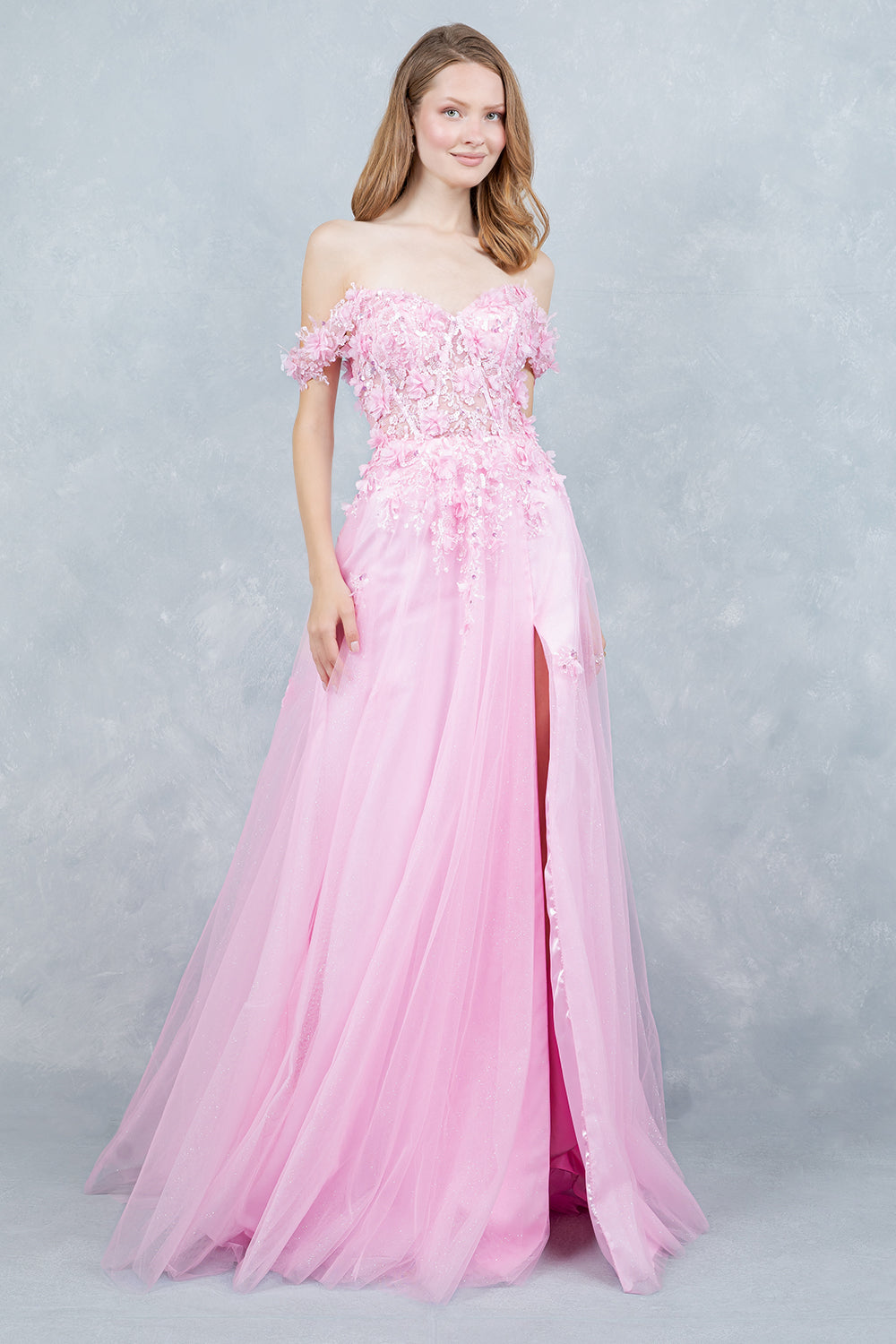 Prom Dresses 3D Floral Applique Long Formal Sequin Prom Dress Cinderella Couture 8403J Pink
