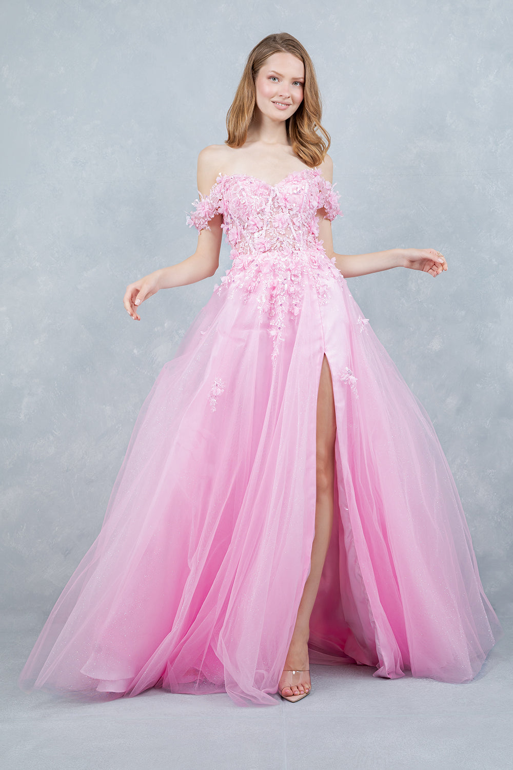 Prom Dresses 3D Floral Applique Long Formal Sequin Prom Dress Cinderella Couture 8403J Pink