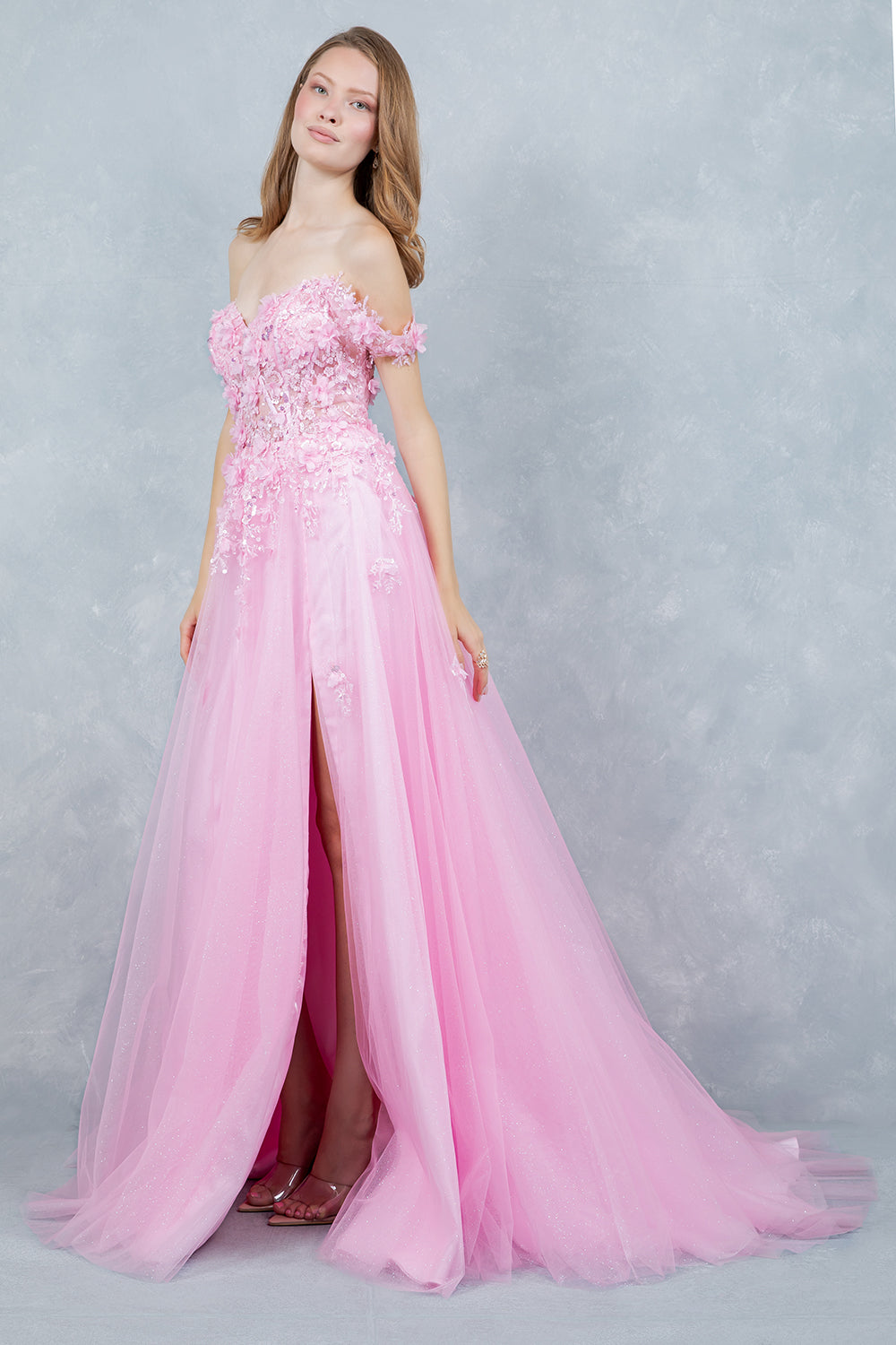 Prom Dresses 3D Floral Applique Long Formal Sequin Prom Dress Cinderella Couture 8403J Pink