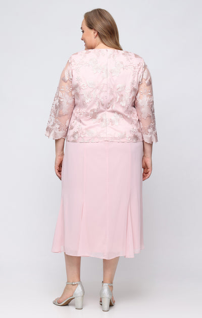 Tea Length Mock Jacket Dress With Illusion Sleeves, Scallop Detail, Hook Neck Closure, and A-Line Skirt Alex Evenings 84122421