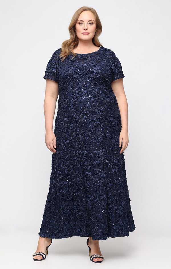 Navy Scoop Neck Floor-Length Lace Formal Gown Sequin A Line Dress Alex Evenings 84122670