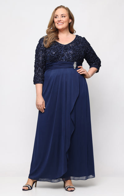 Navy V-Neck Floor-Length Lace Plus Size Dress with Empire Waist Alex Evenings 84122797