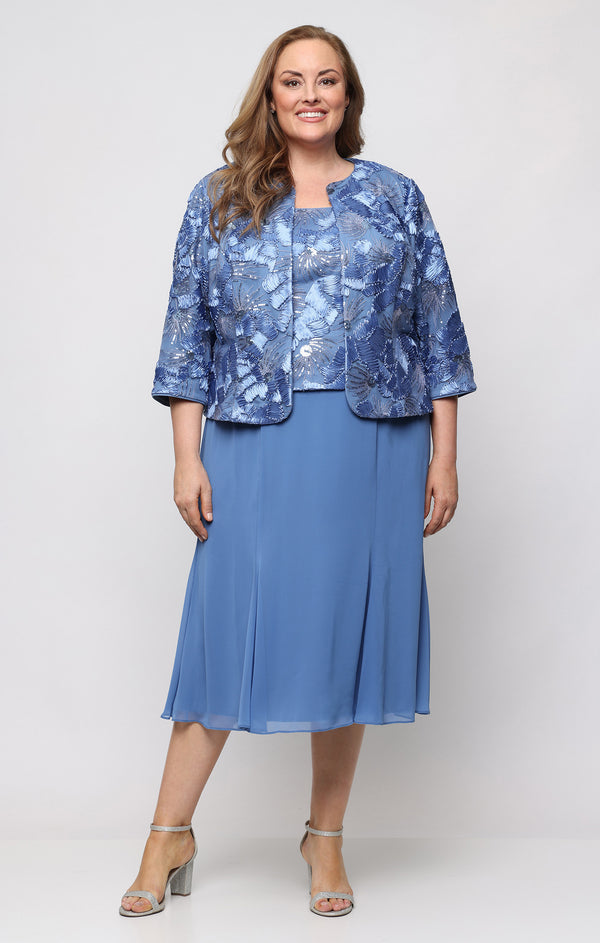 Brush Periwinkle Scoop Neck Midi Chiffon Cocktail Dress Jacket Alex Evenings 84122839