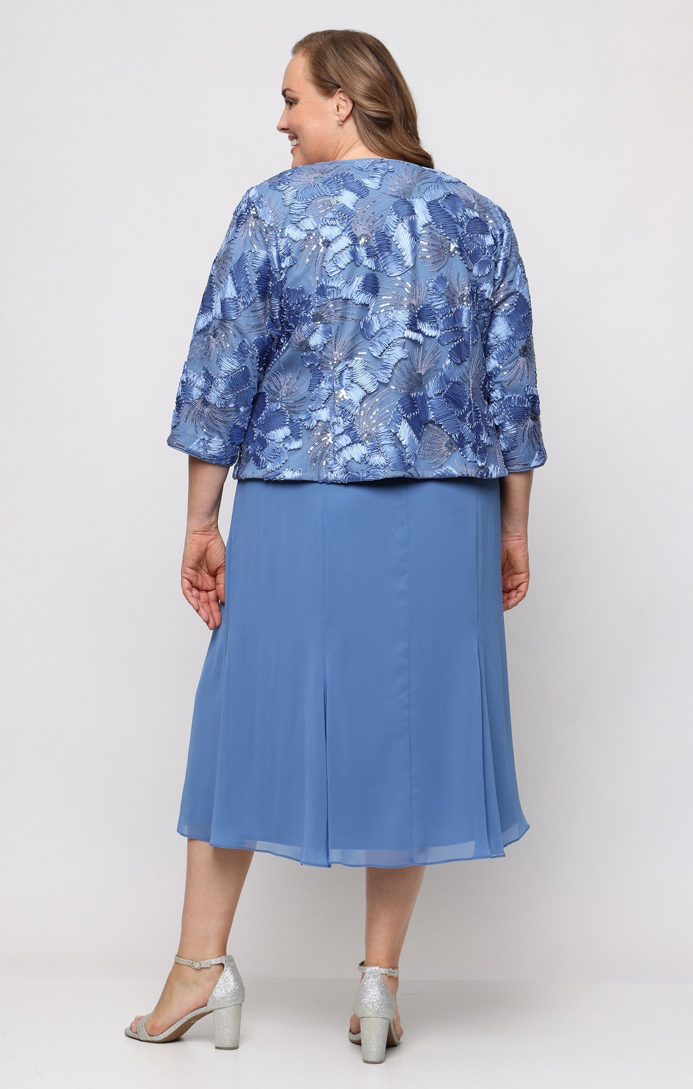 Brush Periwinkle Scoop Neck Midi Chiffon Cocktail Dress Jacket Alex Evenings 84122839